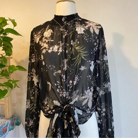 Sheer black floral high neck tie waist blouse - Picture 4 of 15